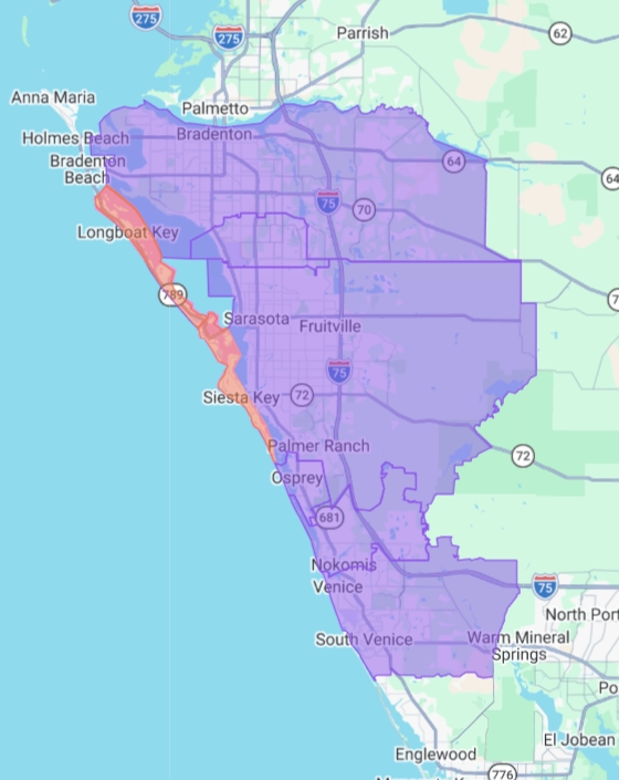 SET Appliance service area map covering Sarasota, Bradenton, Venice, Lakewood Ranch, Nokomis, Osprey and surrounding areas